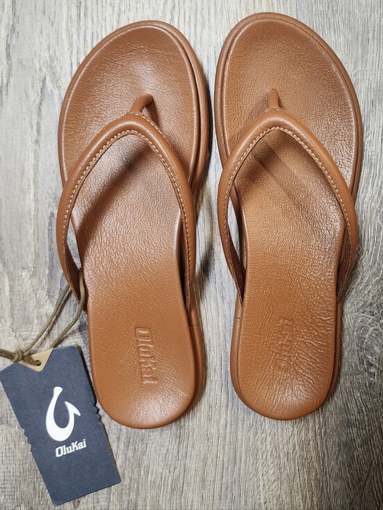 OluKai Shoes - OluKai Chestnut Brown Faux-Leather Flip Flops Women's Size 8